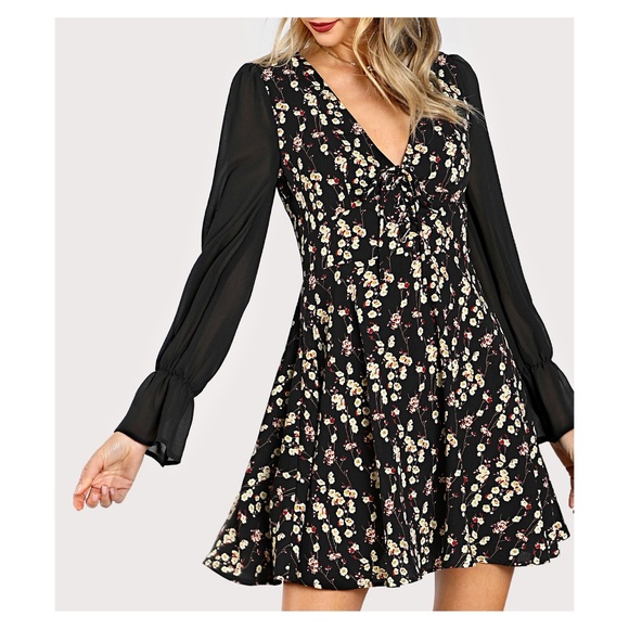 MBM Unlimited Dresses & Skirts - Black Floral Sheer Sleeves Lace Up Dress